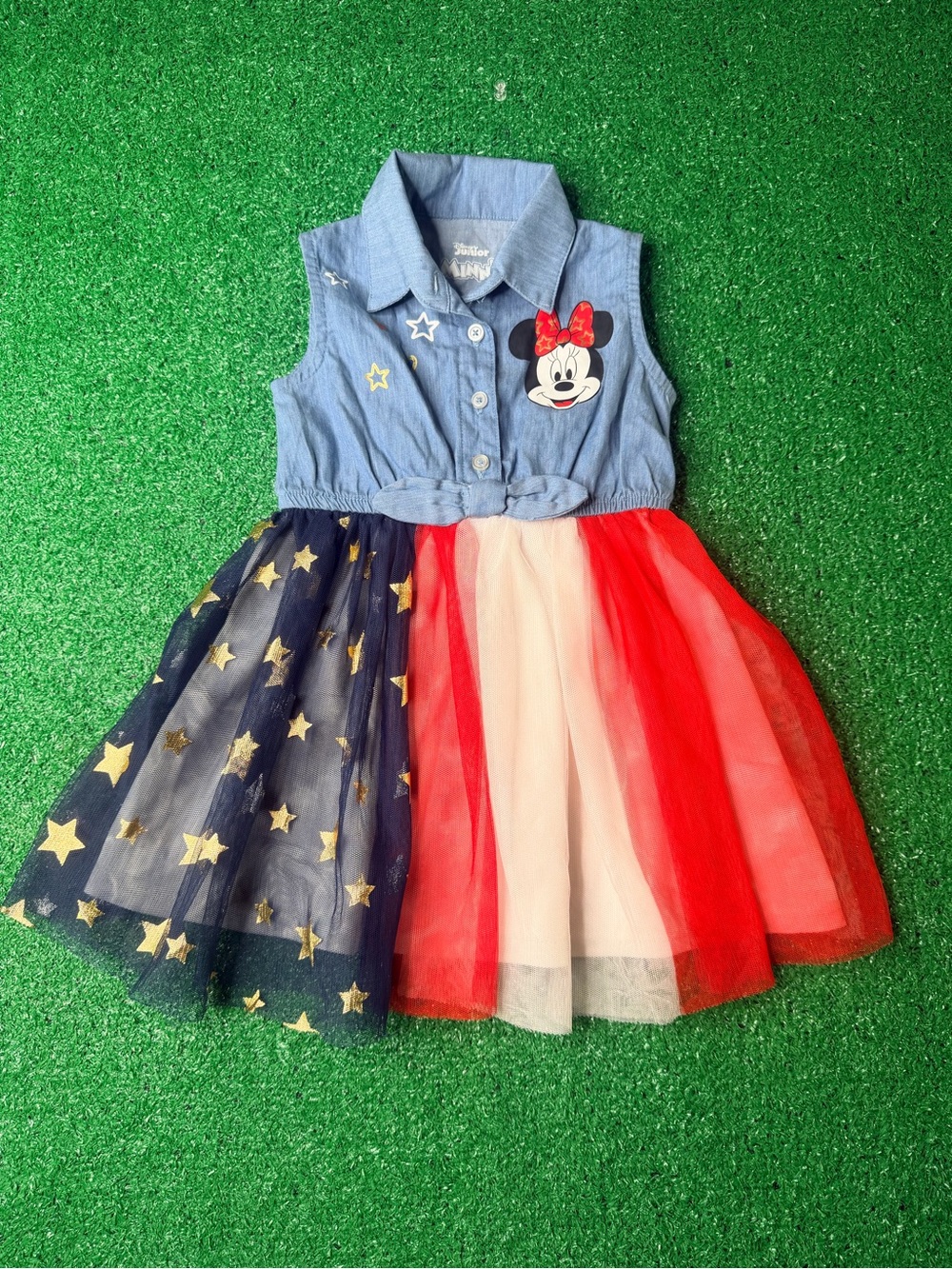 Disney Girls Denim-Look Minnie Tulle Dress in Red, Navy & White Size 18 Months